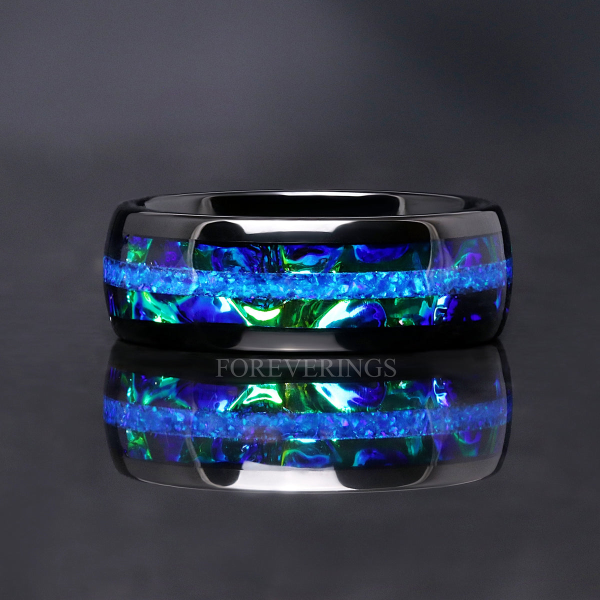Azure Blue Fire Opal Mens Wedding Band | 8mm Nebula Black Tungsten Ring