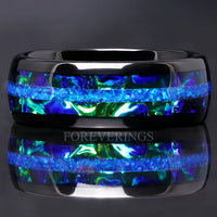 Azure Blue Fire Opal Mens Wedding Band | 8mm Nebula Black Tungsten Ring