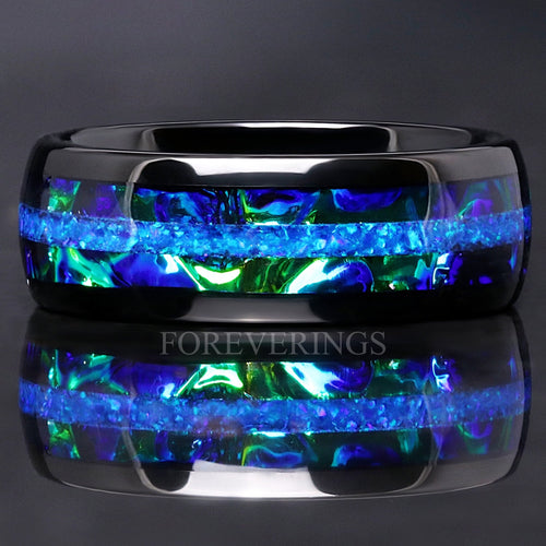 Azure Blue Fire Opal Mens Wedding Band | 8mm Nebula Black Tungsten Ring