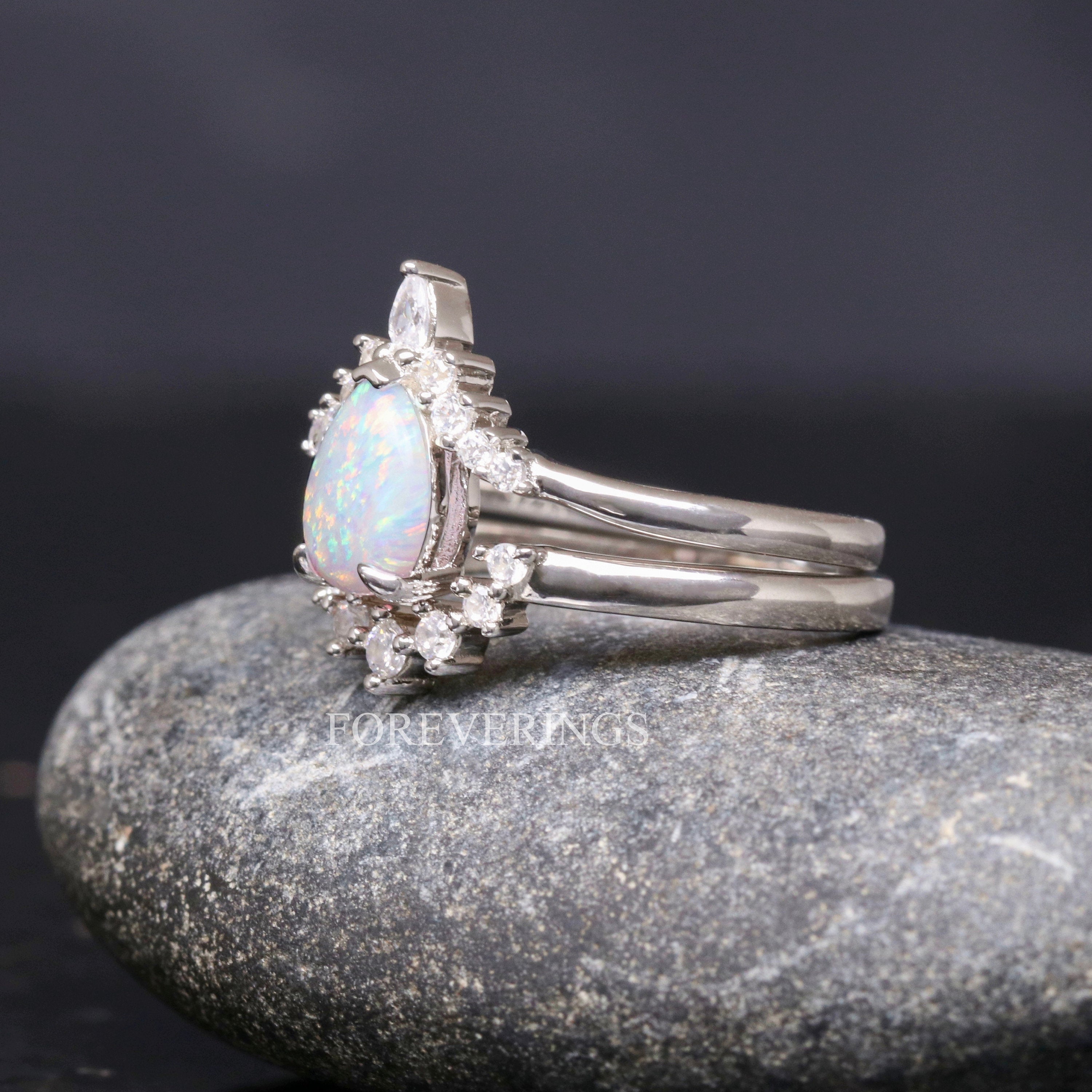 His and Hers White Fire Opal Ring Set, Matching Opal Ring, Silver Ring Set, Hammered Tungsten, Couples Ring, Unique Opal Engagement Ring Set