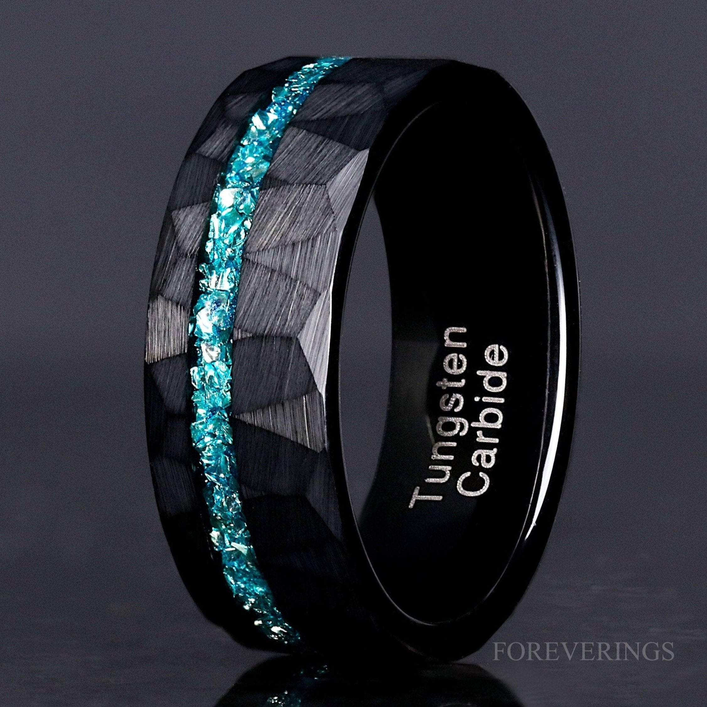 Aquamarine Black Hammered Tungsten Wedding Band for Men, Man Aquamarine Ring, Unique Promise Ring, 8mm Offset Wedding Band, Ring Engraving