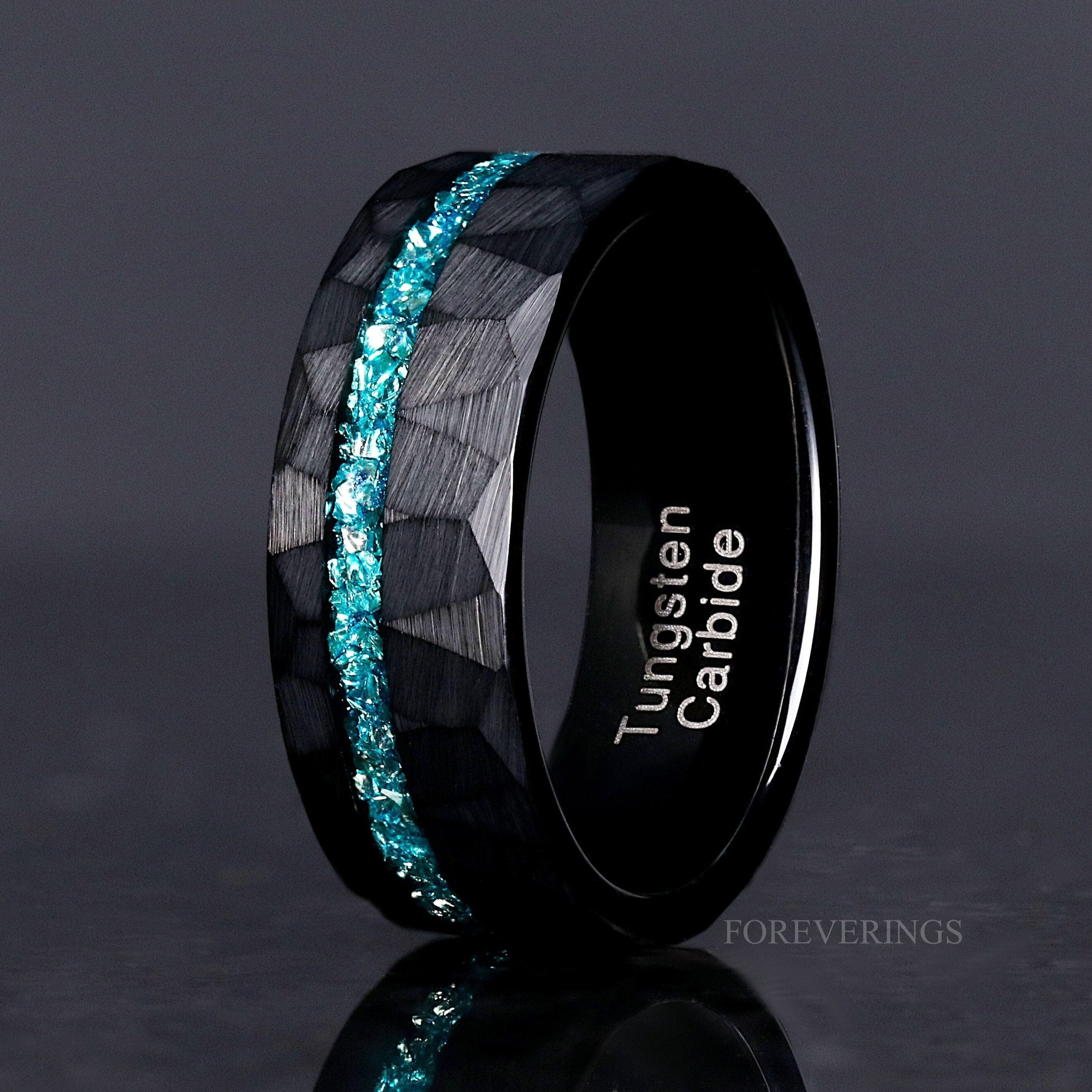 Aquamarine Black Hammered Tungsten Wedding Band for Men, Man Aquamarine Ring, Unique Promise Ring, 8mm Offset Wedding Band, Ring Engraving