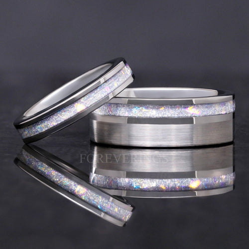 His and Her Moonstone Ring Set, Silver Tungsten Wedding Band, 8mm & 4mm Crushed Moonstone Ring Set, Matching Couple Nebula Ring, Engraving