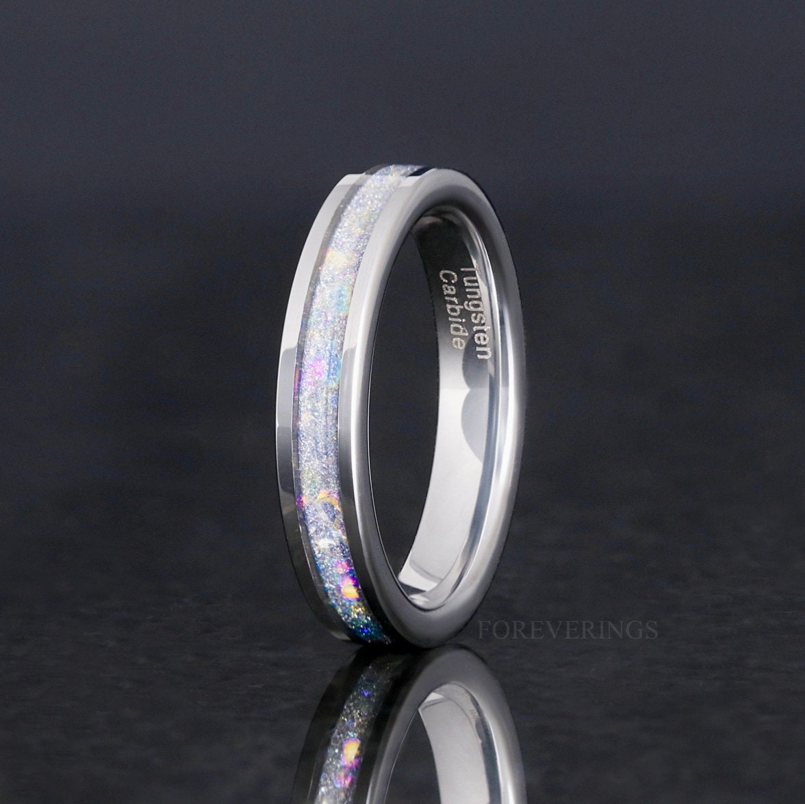 Crushed Moonstone Silver Tungsten Wedding Band, 4mm Nebula Ring, Polished, Flat, Comfort Fit, Unique Ring, Men Women Ring, Engraving