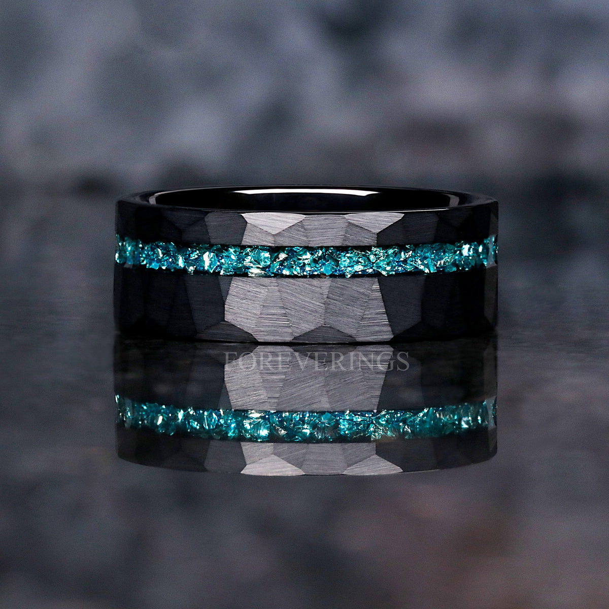 Men's Aquamarine Wedding Band – 8mm Black Hammered Tungsten Ring, Blue Crushed Stone Inlay, Offset Promise Ring, Ring Engraving