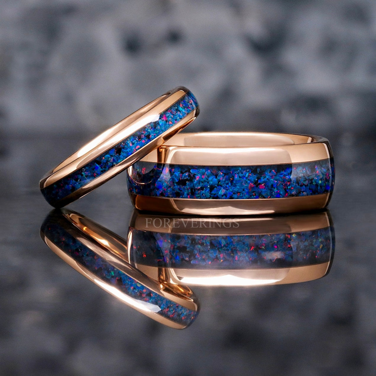 Indigo Blue Fire Opal Inlay | Rose Gold Tungsten Wedding Band