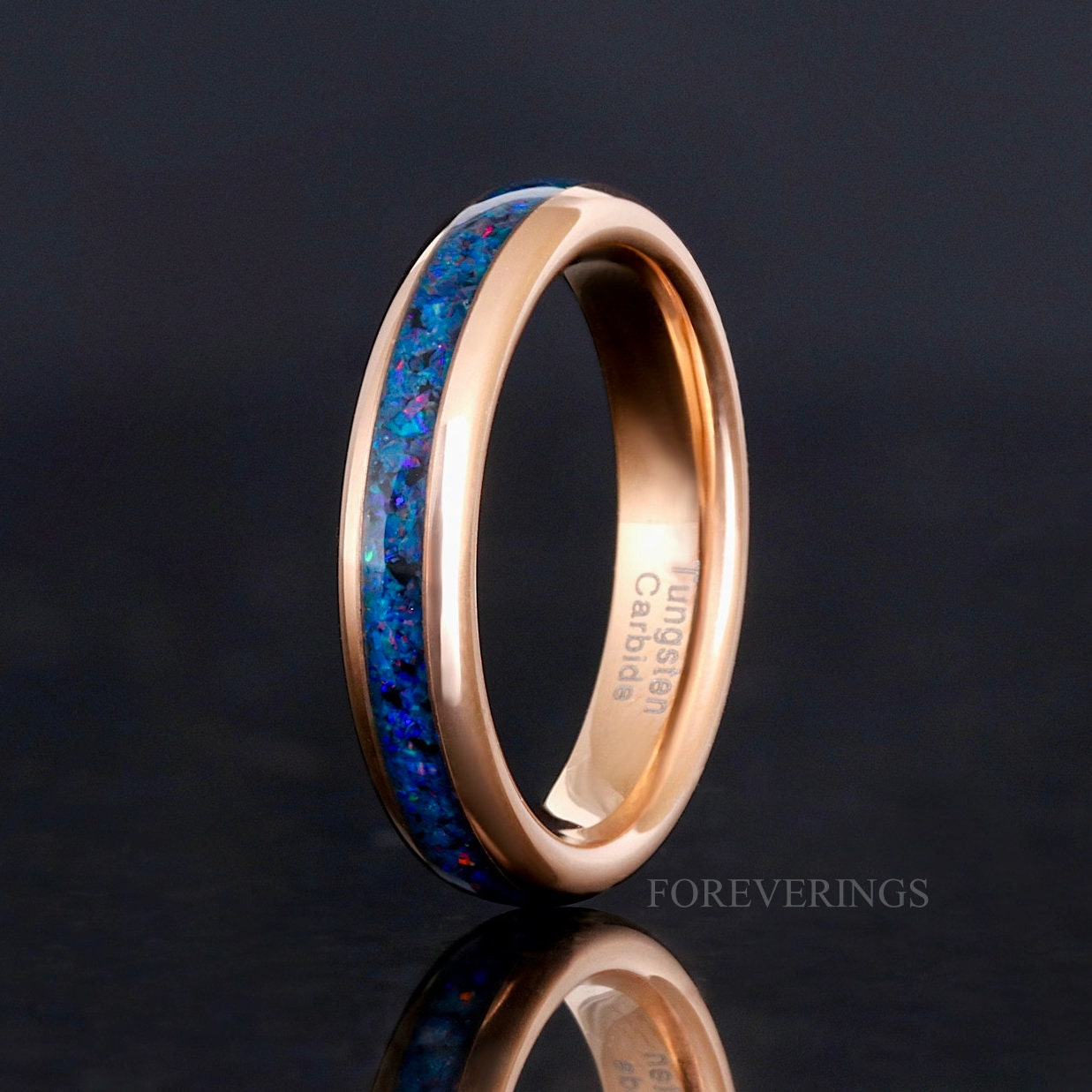 His and Hers Opal Tungsten Wedding Band, Crushed Blue Indigo Fire Opal Ring, 8mm & 4mm Rose Gold Tungsten Ring Set, Matching Couples Ring