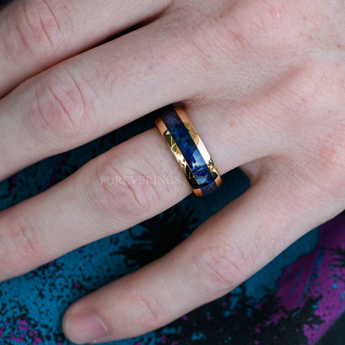 Mens Opal Wedding Band | Indigo Blue Inlay 8mm Rose Gold Tungsten