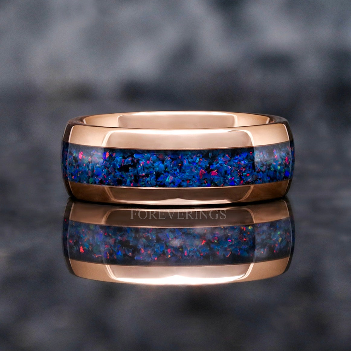 Mens Opal Wedding Band | Indigo Blue Inlay 8mm Rose Gold Tungsten