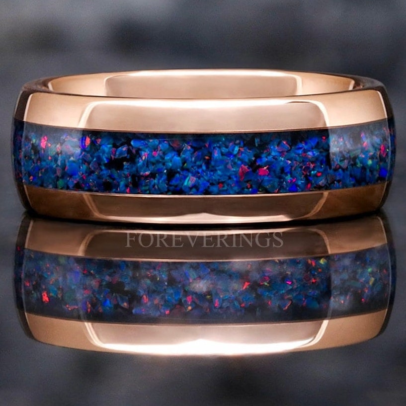 Mens Opal Wedding Band | Indigo Blue Inlay 8mm Rose Gold Tungsten