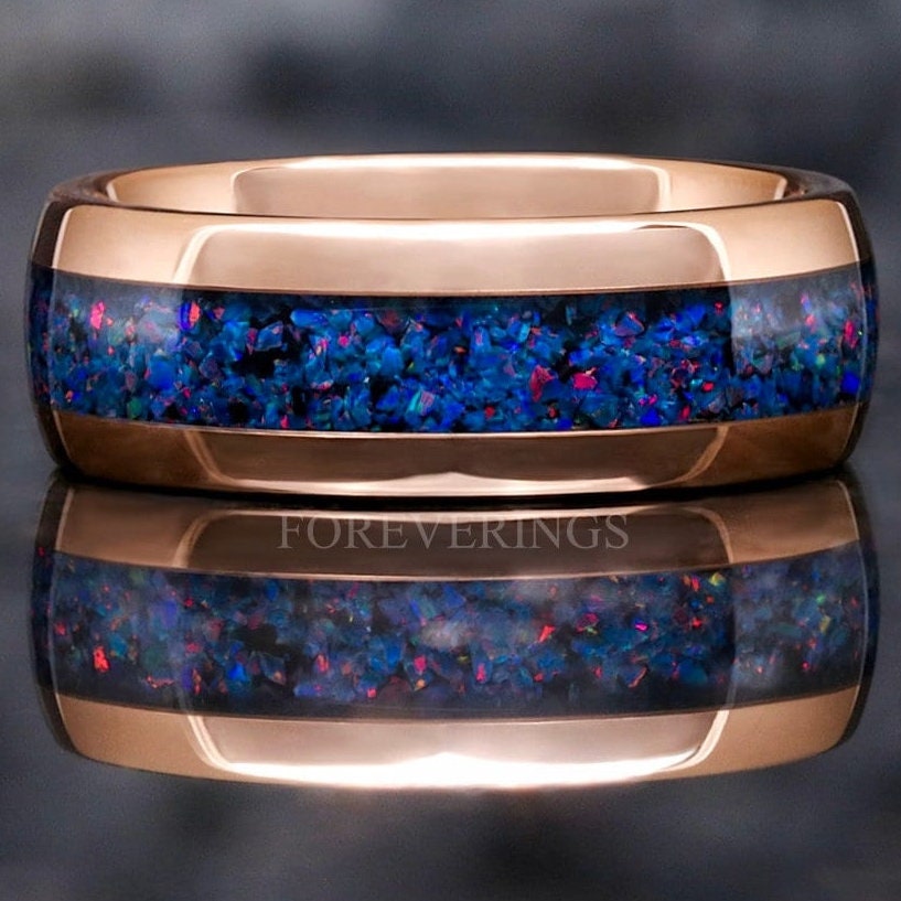 Mens Opal Ring, Rose Gold Wedding Band, Indigo Blue Opal Ring, Rose Gold Tungsten Ring, Fire Opal, Polished, Dome, Unique Ring, Engraving