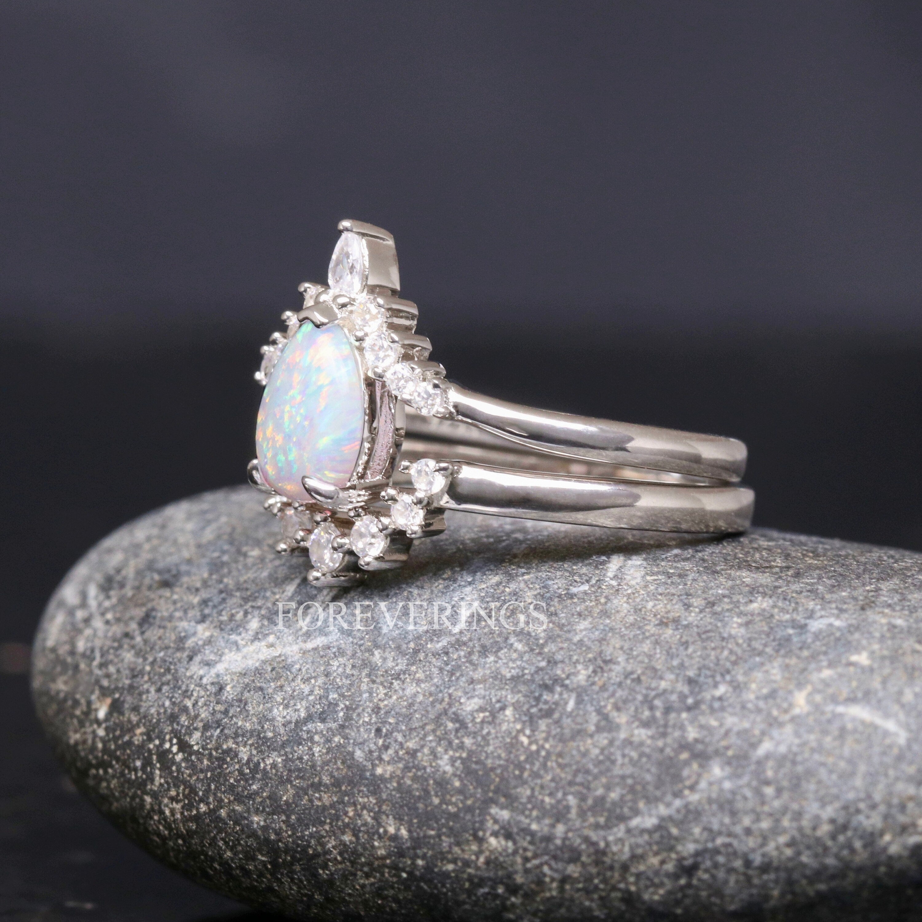 White Fire Opal Engagement Ring, Unique Silver Ring, Woman Alternative Wedding Ring, Promise Ring for Her, Bridal Set