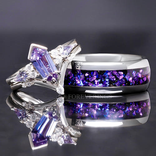 Matching silver couples ring set: kite-cut alexandrite engagement ring and 8mm purple sandstone tungsten band