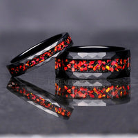 His Her Red Fire Opal Nebula Ring Set, Hammered Black Tungsten Wedding Band, Red Opal Band, 8mm & 4mm Black Rings, Couple Ring, Matte, Brush