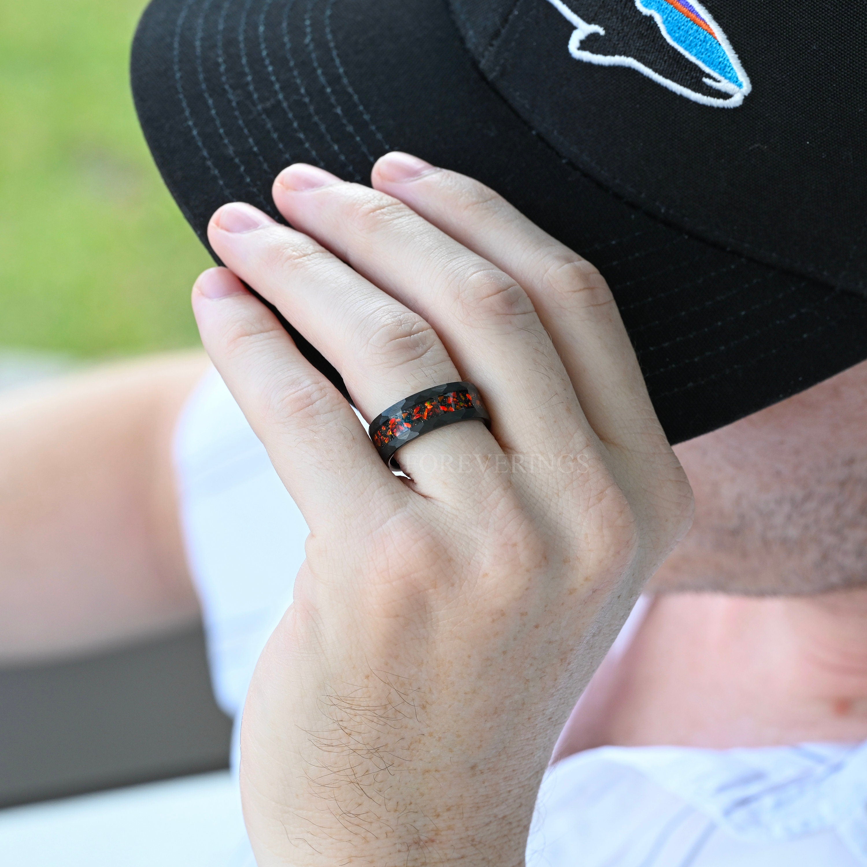 His Her Red Fire Opal Nebula Ring Set, Hammered Black Tungsten Wedding Band, Red Opal Band, 8mm & 4mm Black Rings, Couple Ring, Matte, Brush