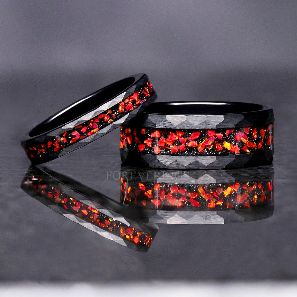 Red Fire Opal Hammered Matte Black Tungsten Band | Women Men 4mm Ring