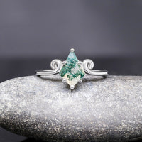 His Her Twirl Green Moss Agate Ring Set, Matching Wedding Ring, Nature Couple Ring, Alternative Engagement Ring Set, 925 Silver and Tungsten