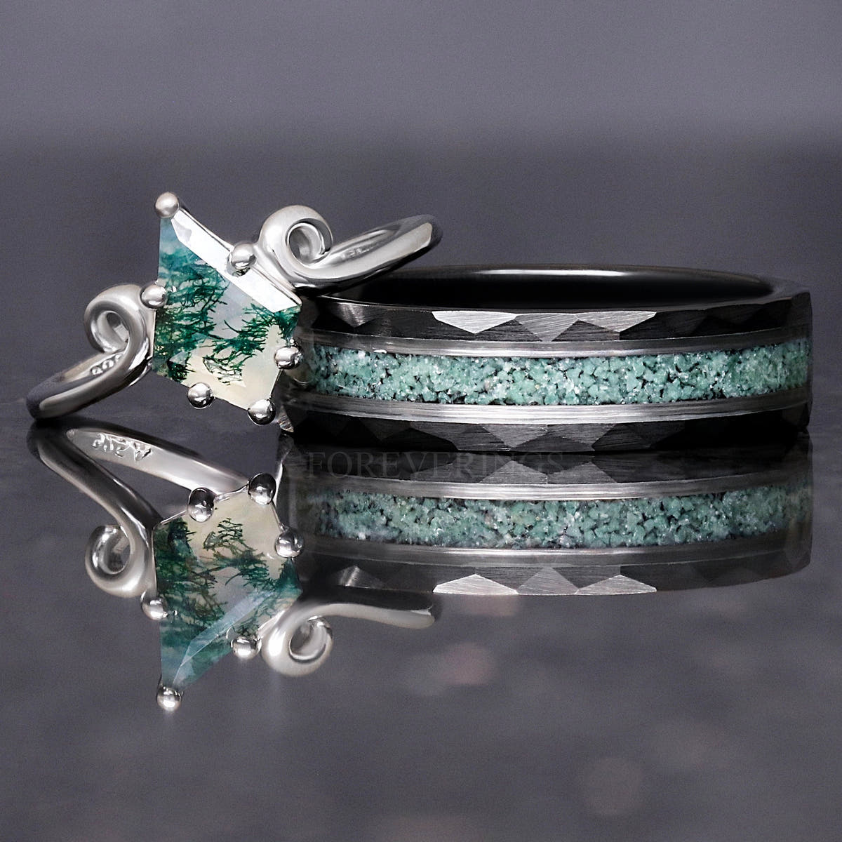 Matching couples ring set: black tungsten moss agate band and silver kite moss agate ring with twirl band