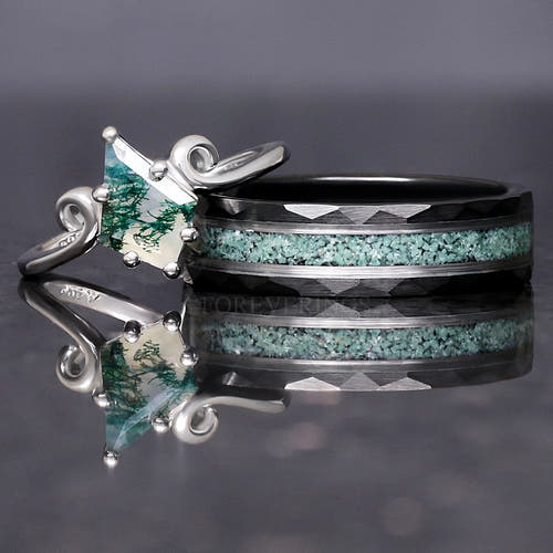 Matching couples ring set: black tungsten moss agate band and silver kite moss agate ring with twirl band