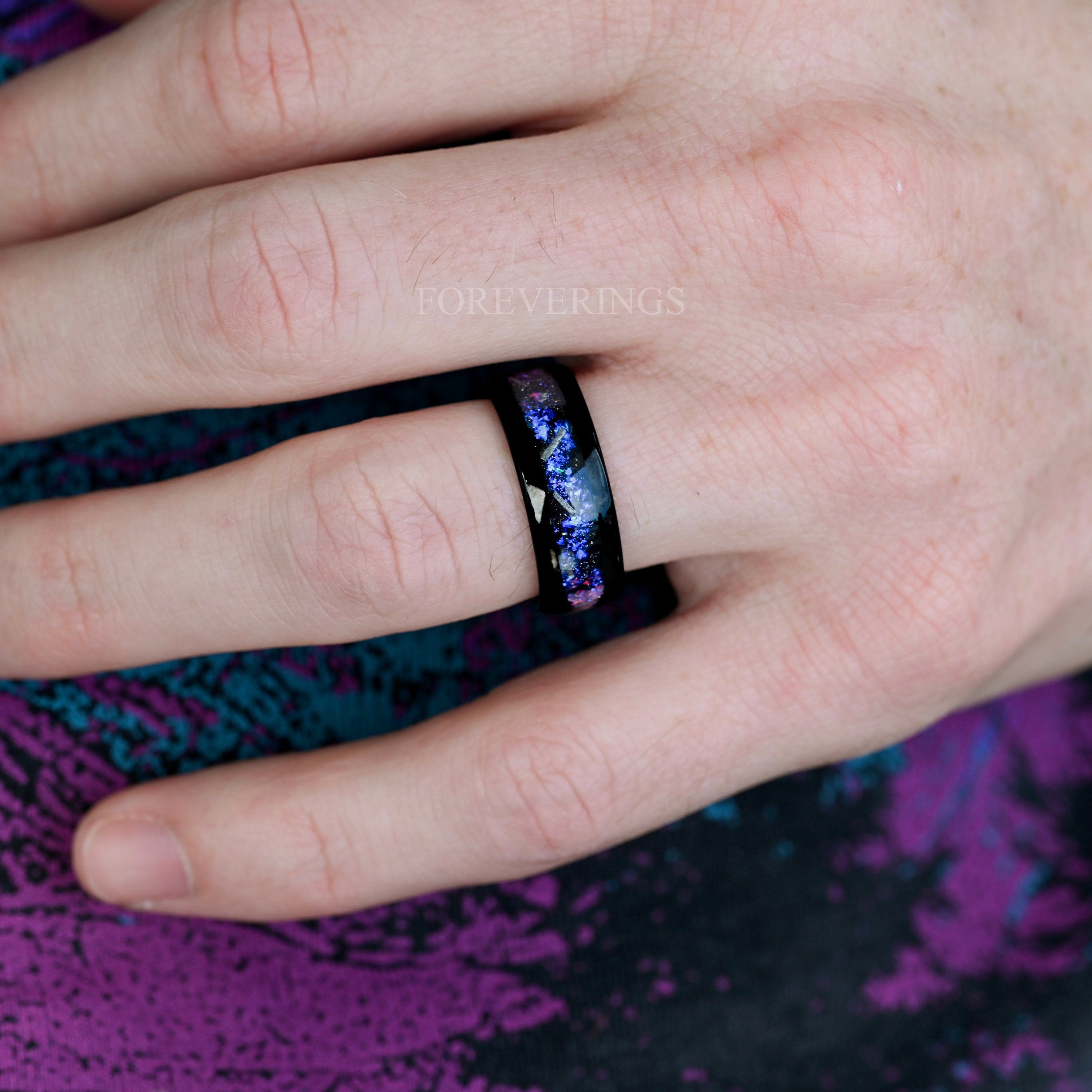 Orion Nebula Ring Meteorite, Mens Space Band, 8mm 6mm Mens Wedding Band, Unique Real Meteorite Black Ring, Blue Nebula, Ring Engraving