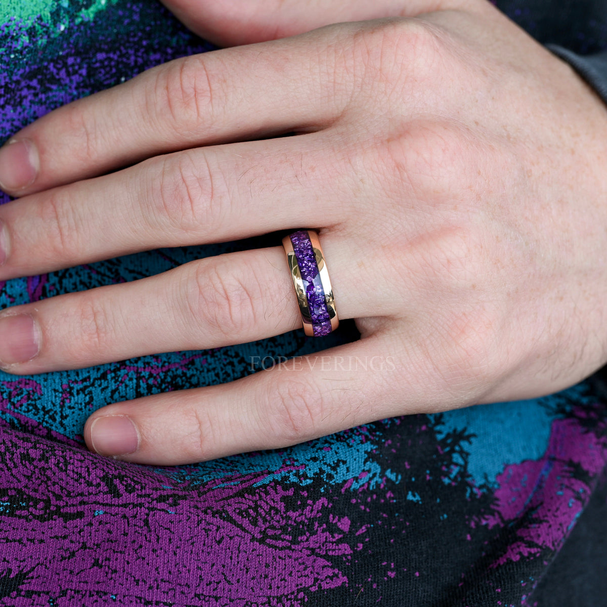 Amethyst Ring Rose Gold, Mens Wedding Band, Purple Ring, 8mm Rose Gold Tungsten Ring, Man Engagement Ring, Unique Promise Ring, Engraving