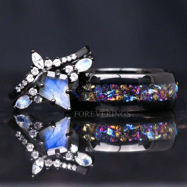 His and Hers Labradorite Wedding Rings | Galaxy Moonstone Set