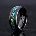 Men's 8mm black tungsten wedding band with Rosette nebula inlay, standing on edge