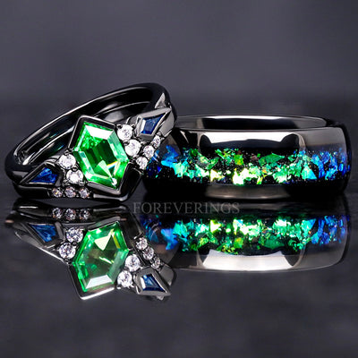 Matching black couples ring set with a tsavorite engagement ring and Rosette nebula inlay band