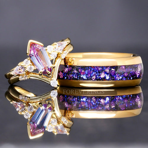 His and Her Gold Alexandrite Ring Set, Couple Crab Nebula Ring, Space Gold Wedding Band, 925 Sterling Silver and Gold Tungsten Ring Set