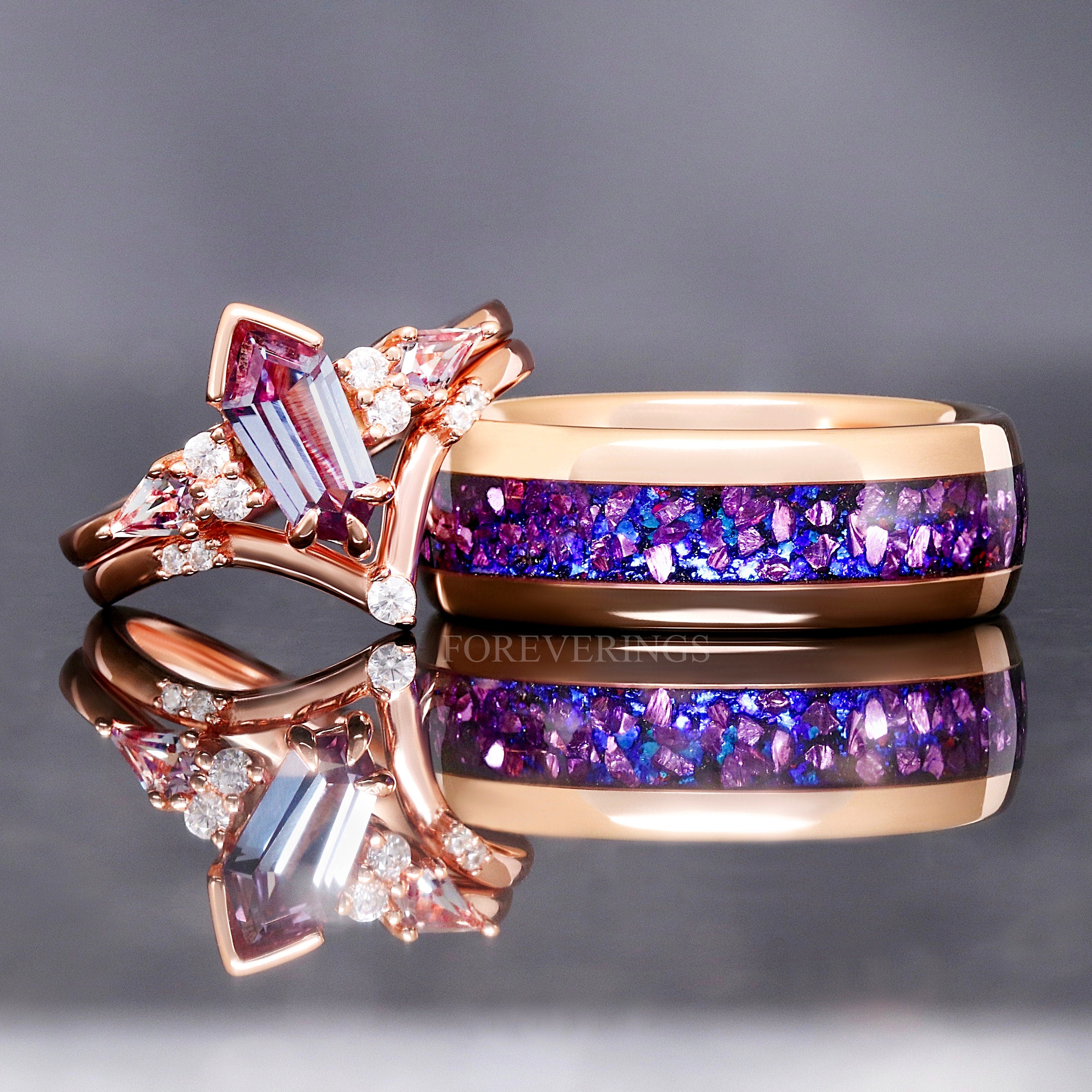 His Her Alexandrite Ring Set, Crab Nebula Ring Set, Outer Space Rose Gold Wedding Band, 925 Sterling Silver and Rose Gold Tungsten Ring Set