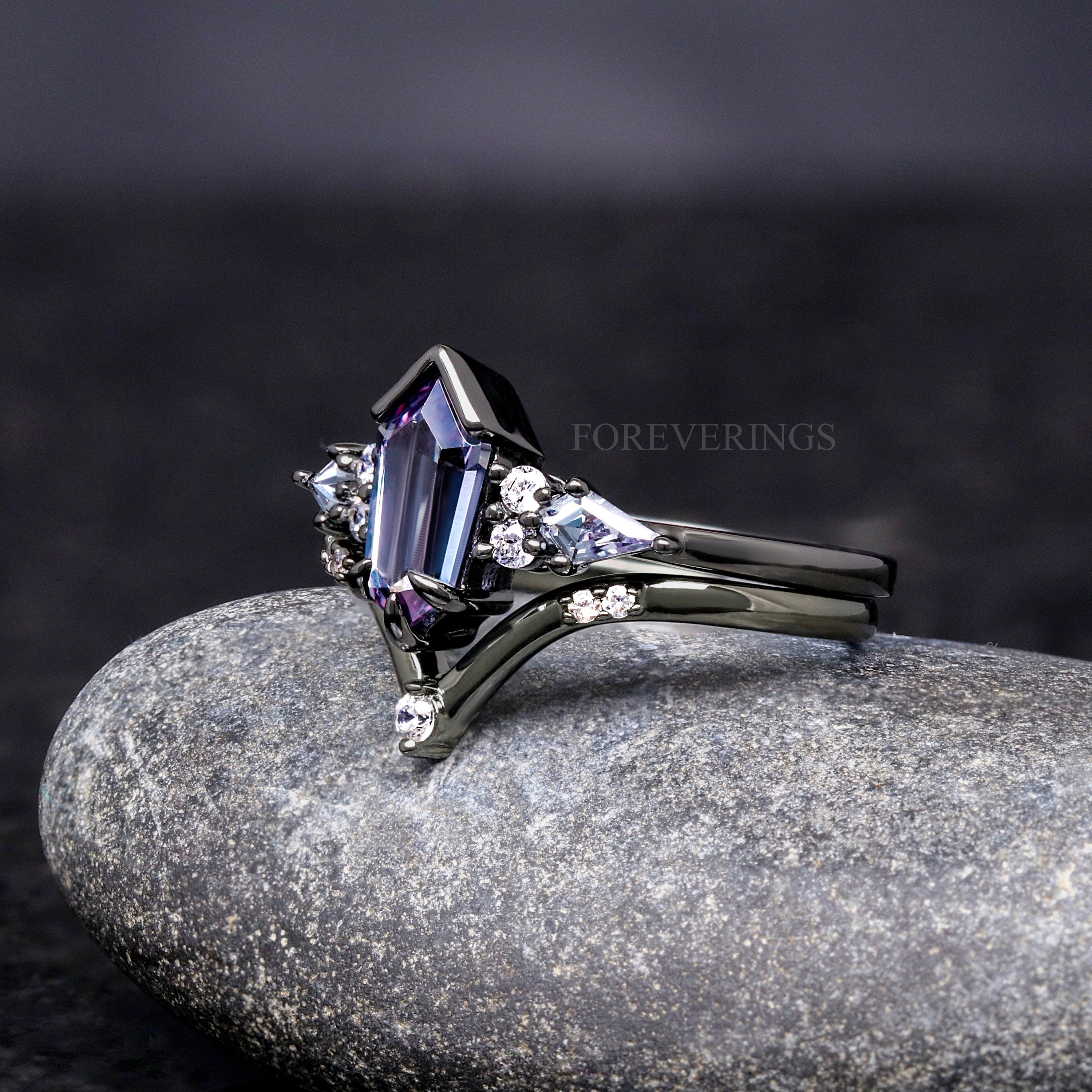 Black Alexandrite Engagement Ring Set, Woman Crab Nebula Ring, Kite Coffin, Black Gold, 925 Sterling Silver, Alternative Woman Wedding Ring