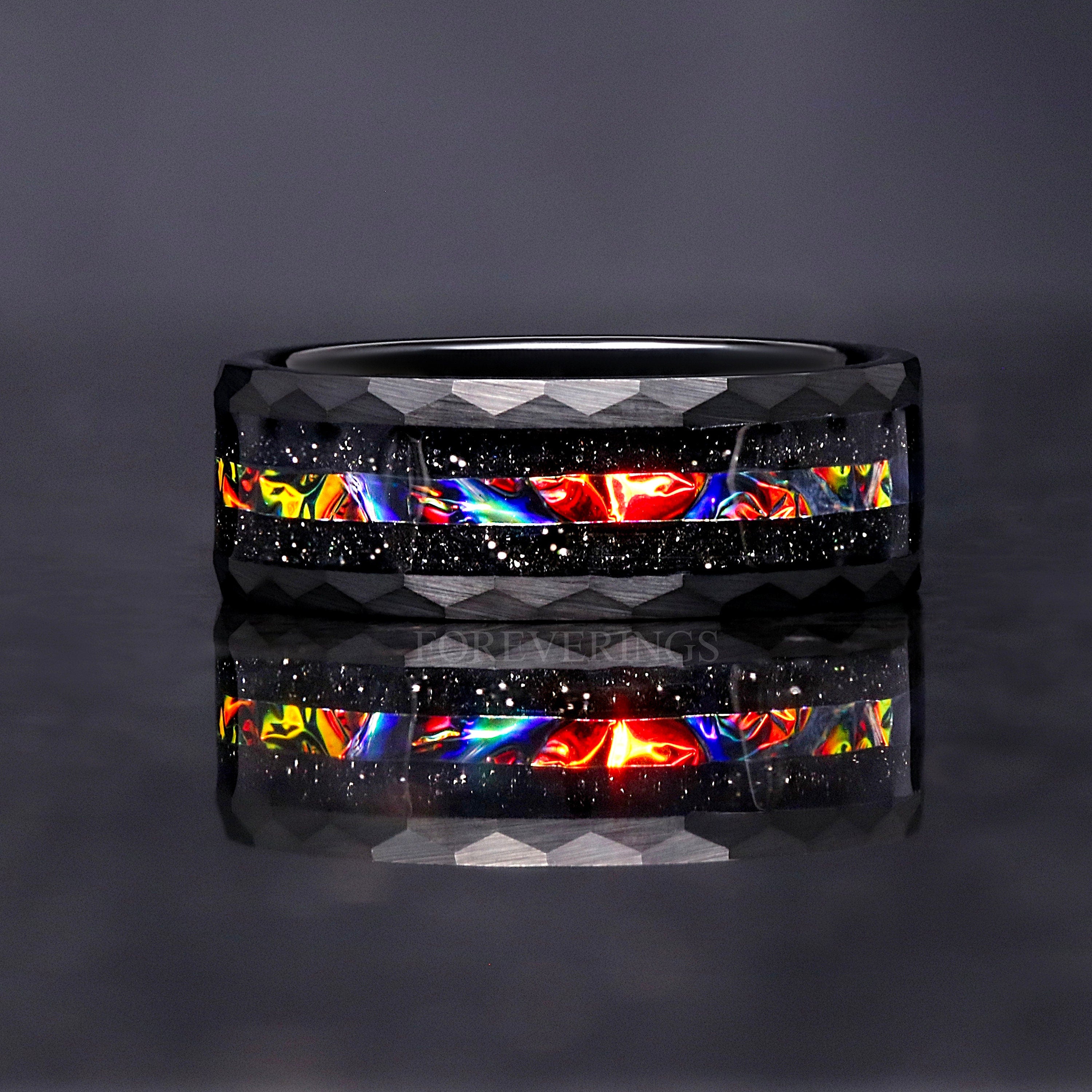 Caraxes Red Nebula Ring, Black Hammered Tungsten Wedding Band, Dichrolam, Man Galaxy Space Ring, Unique Wedding Band for Him, Ring Engraving