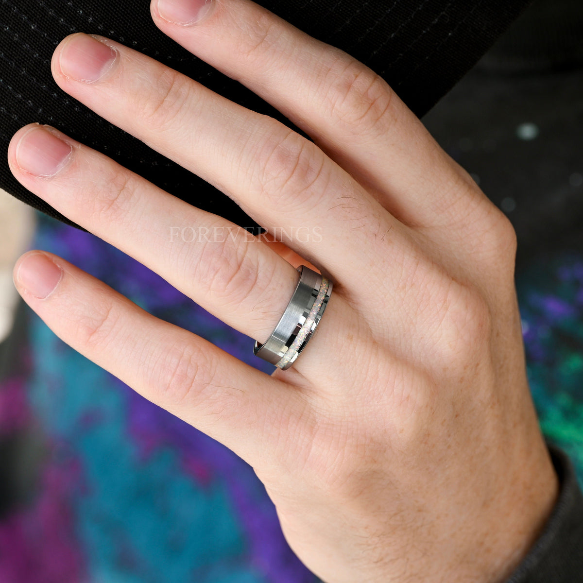 Mens White Fire Opal Ring | 8mm Brushed Silver Tungsten Band