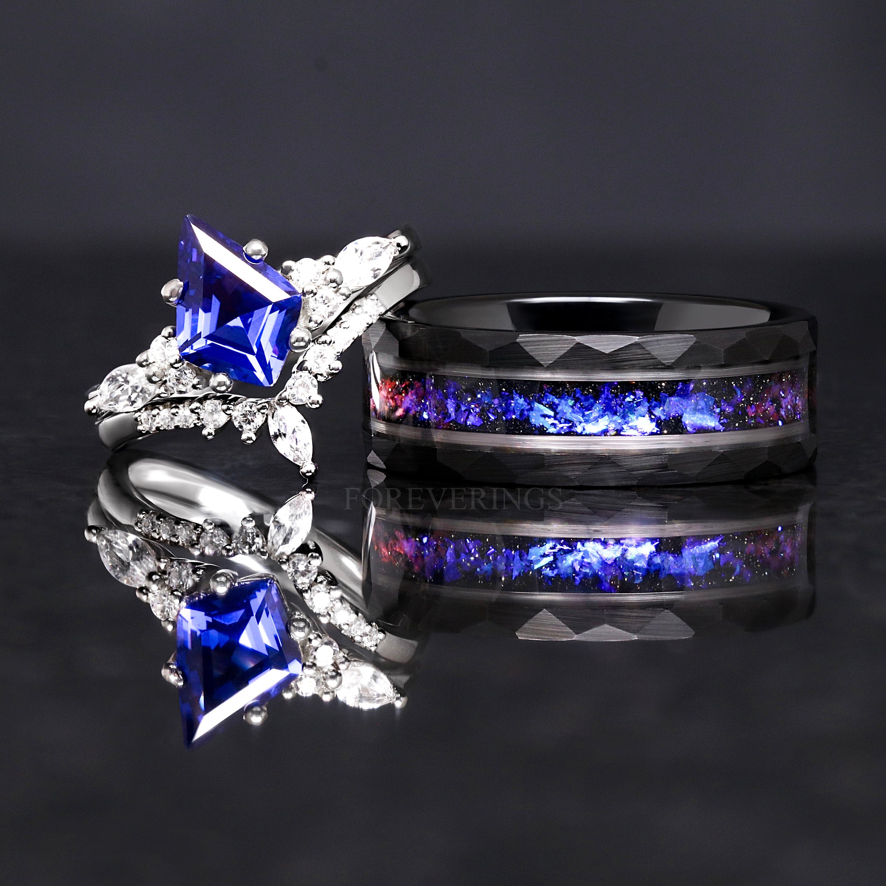 Orion Nebula Ring Set, His and Hers Wedding Band, Sapphire and Sandstone, Outer Space Couples Ring, Galaxy Ring Set, Tungsten and 925 Silver