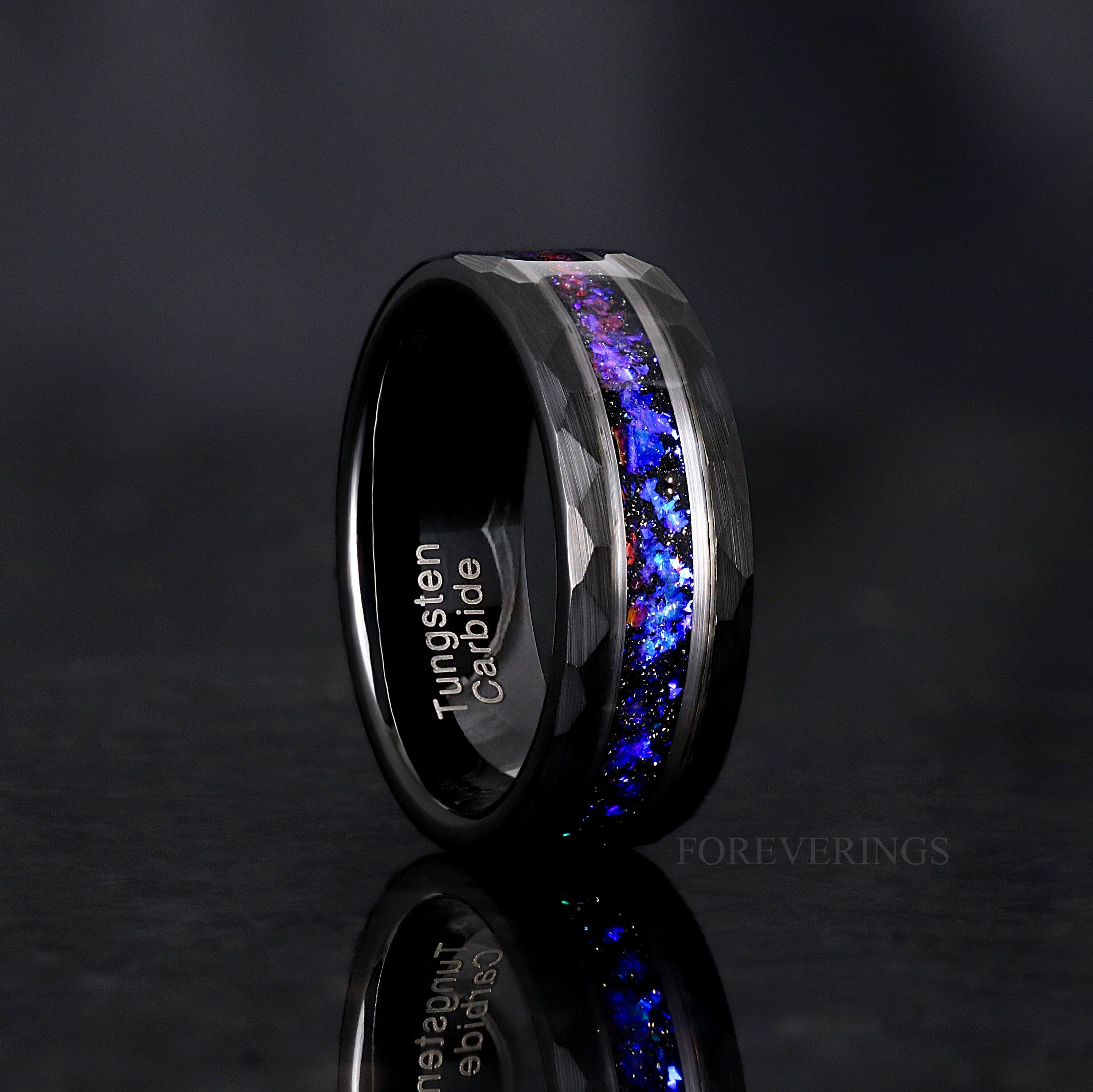 Orion Nebula Ring, Mens Wedding Band, Black Hammered Tungsten, 8mm Space Ring, Blue Sandstone, Man Tungsten Ring, Black Galaxy Ring, Engrave