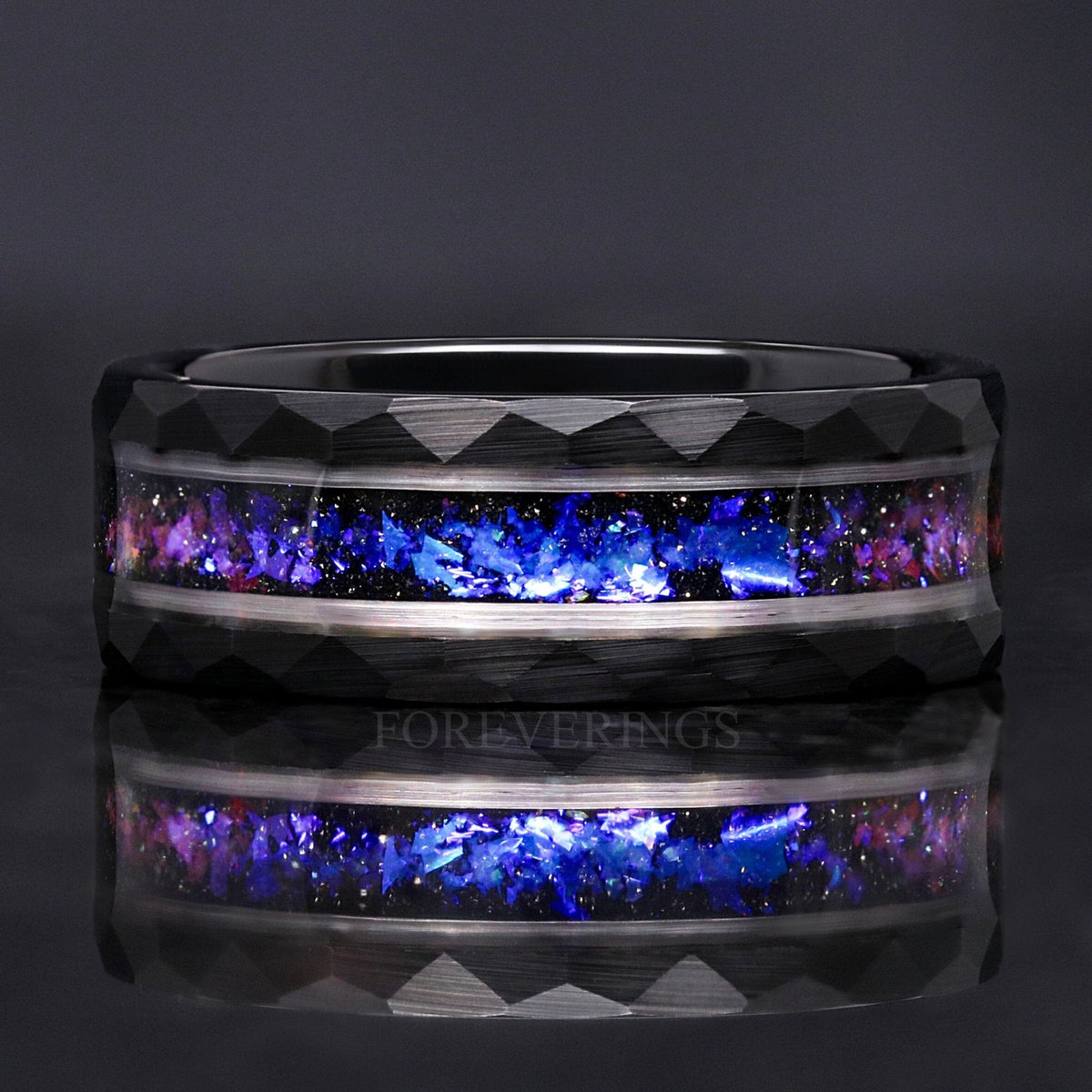 Orion Nebula Ring, Mens Wedding Band, Black Hammered Tungsten, 8mm Space Ring, Blue Sandstone, Man Tungsten Ring, Black Galaxy Ring, Engrave
