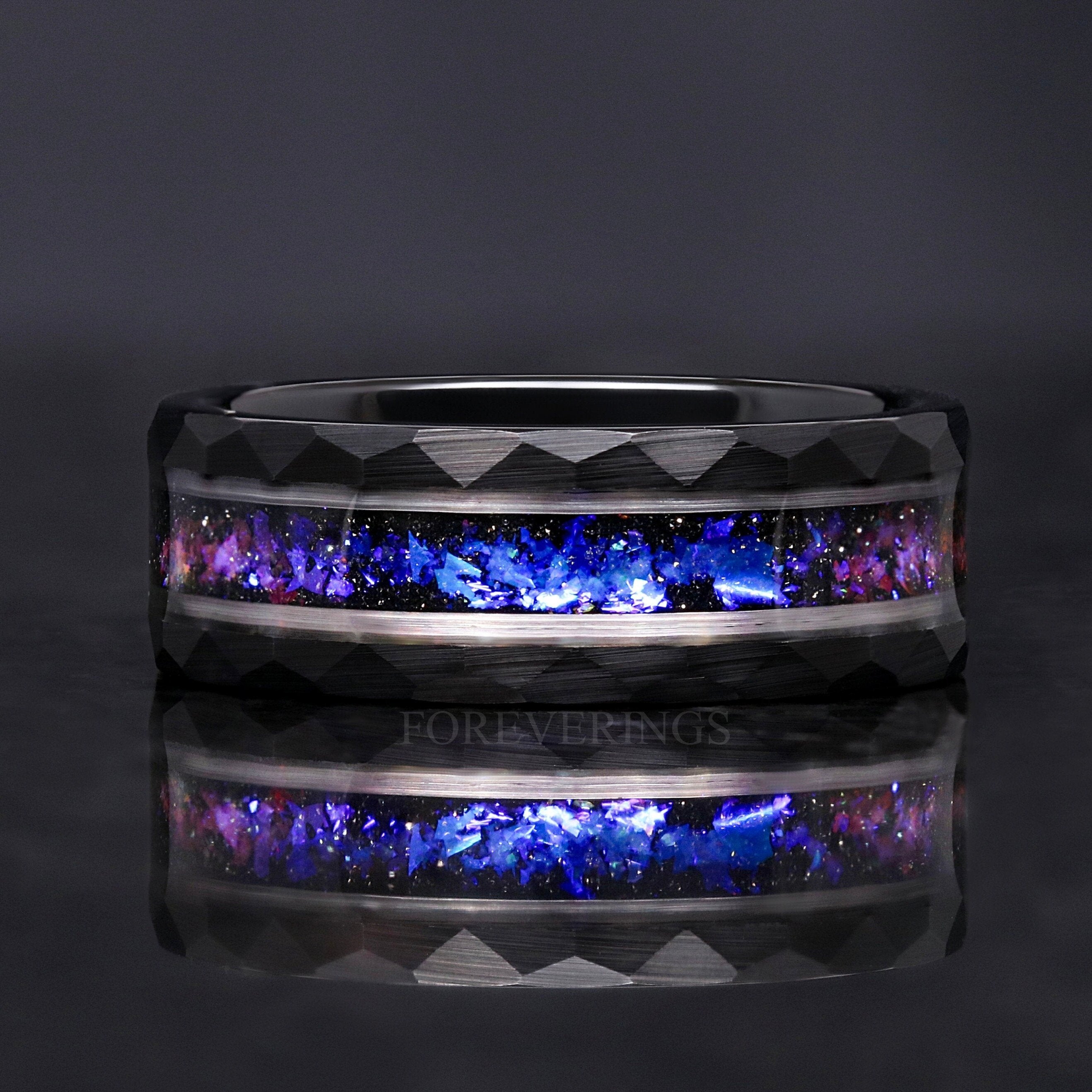 Orion Nebula Ring, Mens Wedding Band, Black Hammered Tungsten, 8mm Space Ring, Blue Sandstone, Man Tungsten Ring, Black Galaxy Ring, Engrave