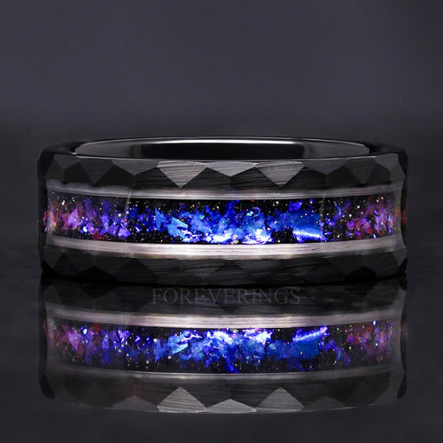 Orion Nebula Ring, Mens Wedding Band, Black Hammered Tungsten, 8mm Space Ring, Blue Sandstone, Man Tungsten Ring, Black Galaxy Ring, Engrave