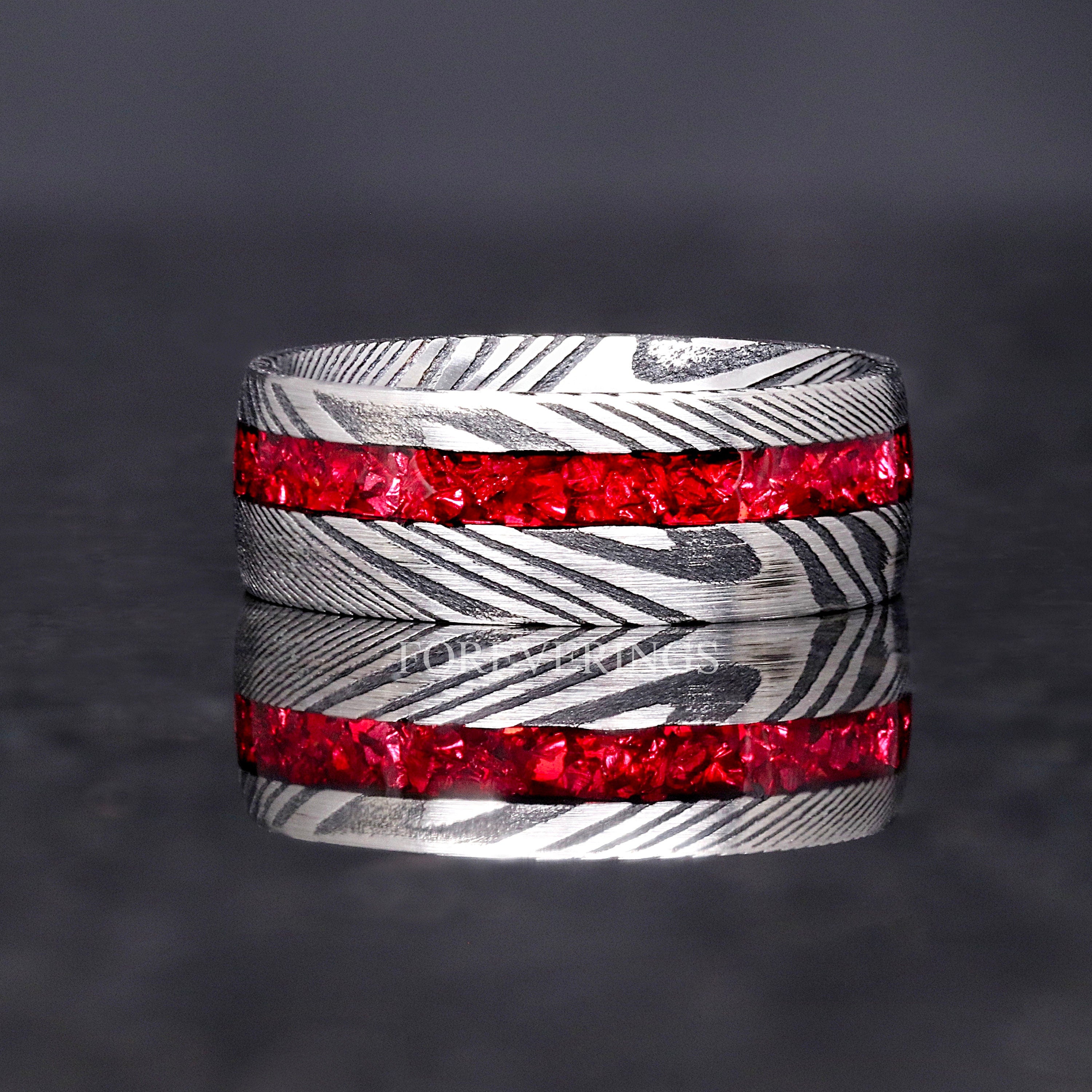 Red Damascus Ring, Mens Wedding Band, Stainless Steel Ring, Garnet Ring Men, Glass Stone, Offset, Man Promise Ring, Unique Ring, Engraving