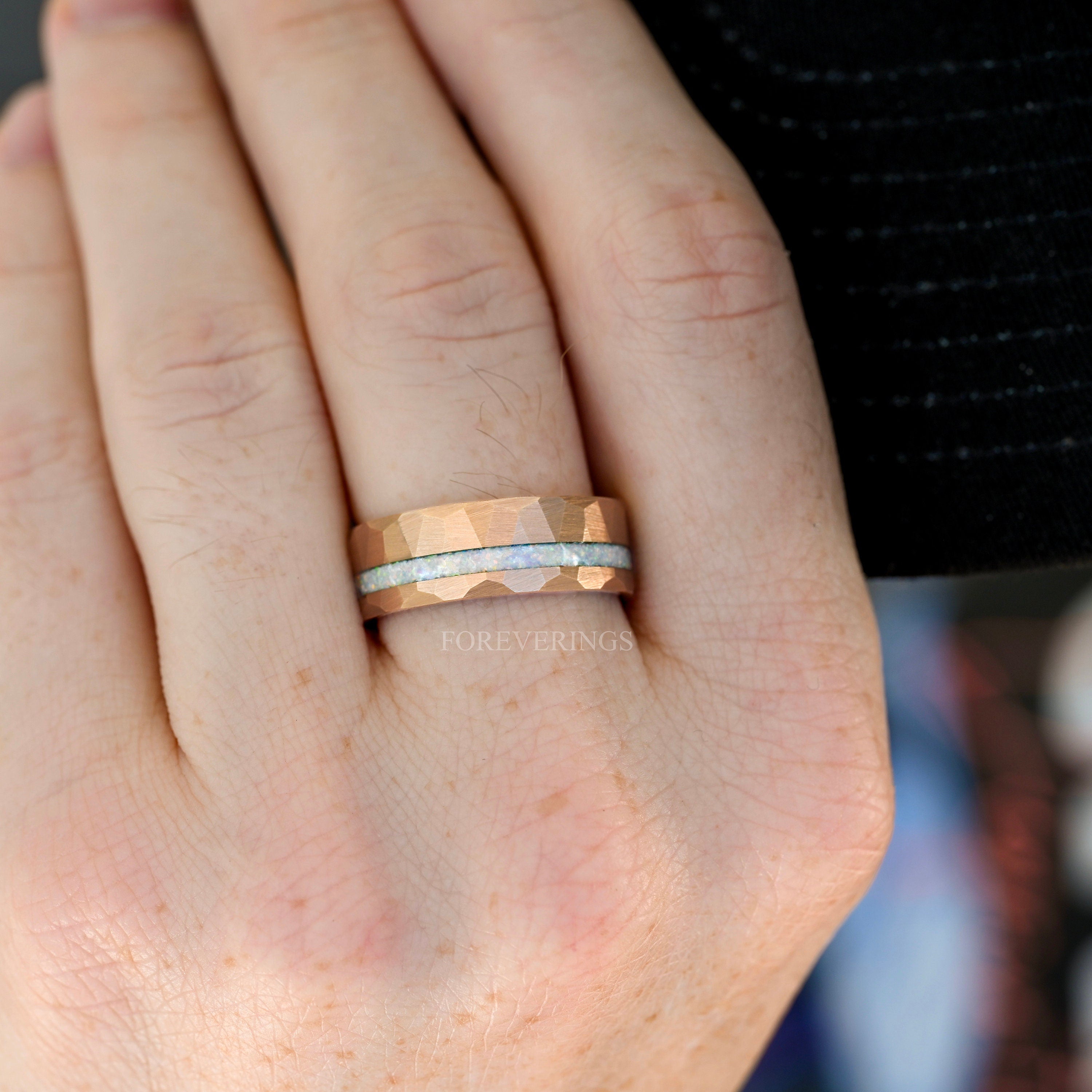 His and Her White Fire Opal Ring Set, Matching Couple Rings, Sterling Silver and Rose Gold Tungsten, Hammered, Unique Engagement Ring Set