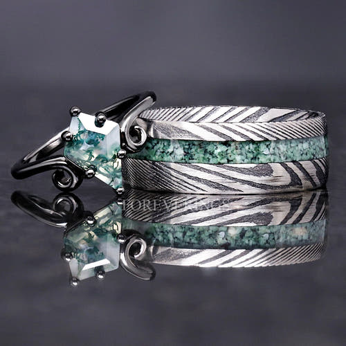 Matching couples ring set with an 8mm Damascus steel moss agate band and a black twirl moss agate ring