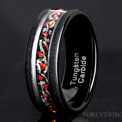 Glow Stone Meteorite Red Opal Ring | Men's Black Tungsten Wedding Band