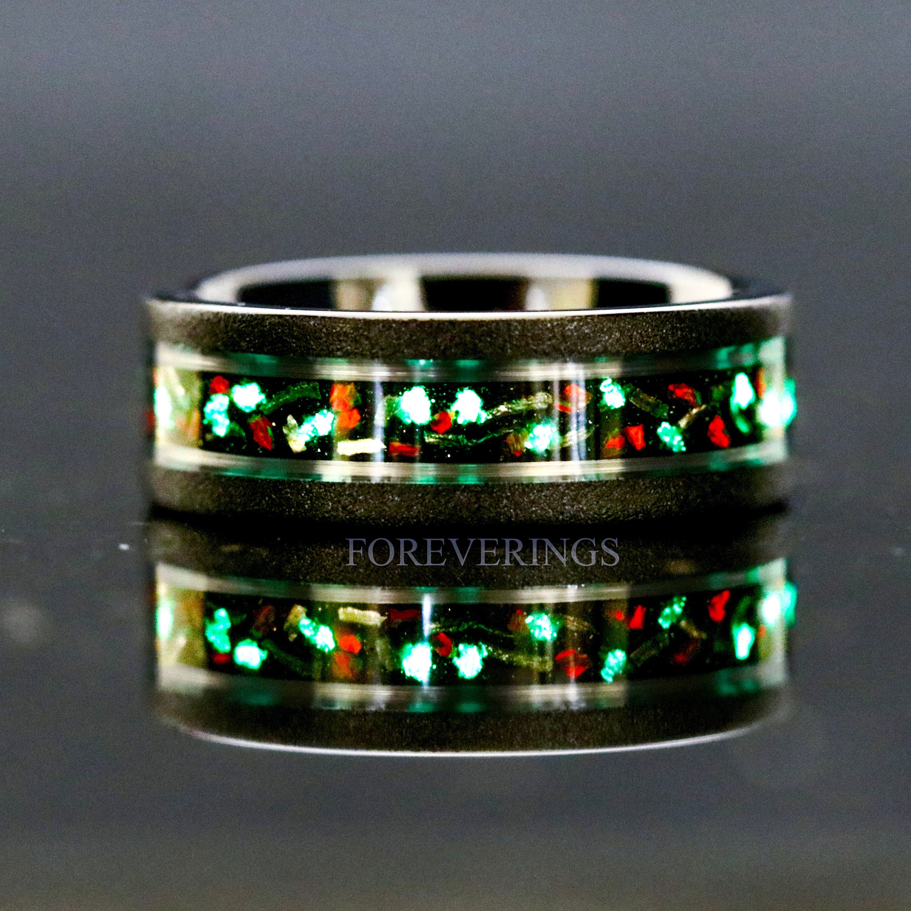 Glow Meteorite Galaxy Red Opal Ring, Man Glow in the Dark Wedding Band, 8mm Black Tungsten Ring, Sandblasted Two Tone Black and Silver Strip