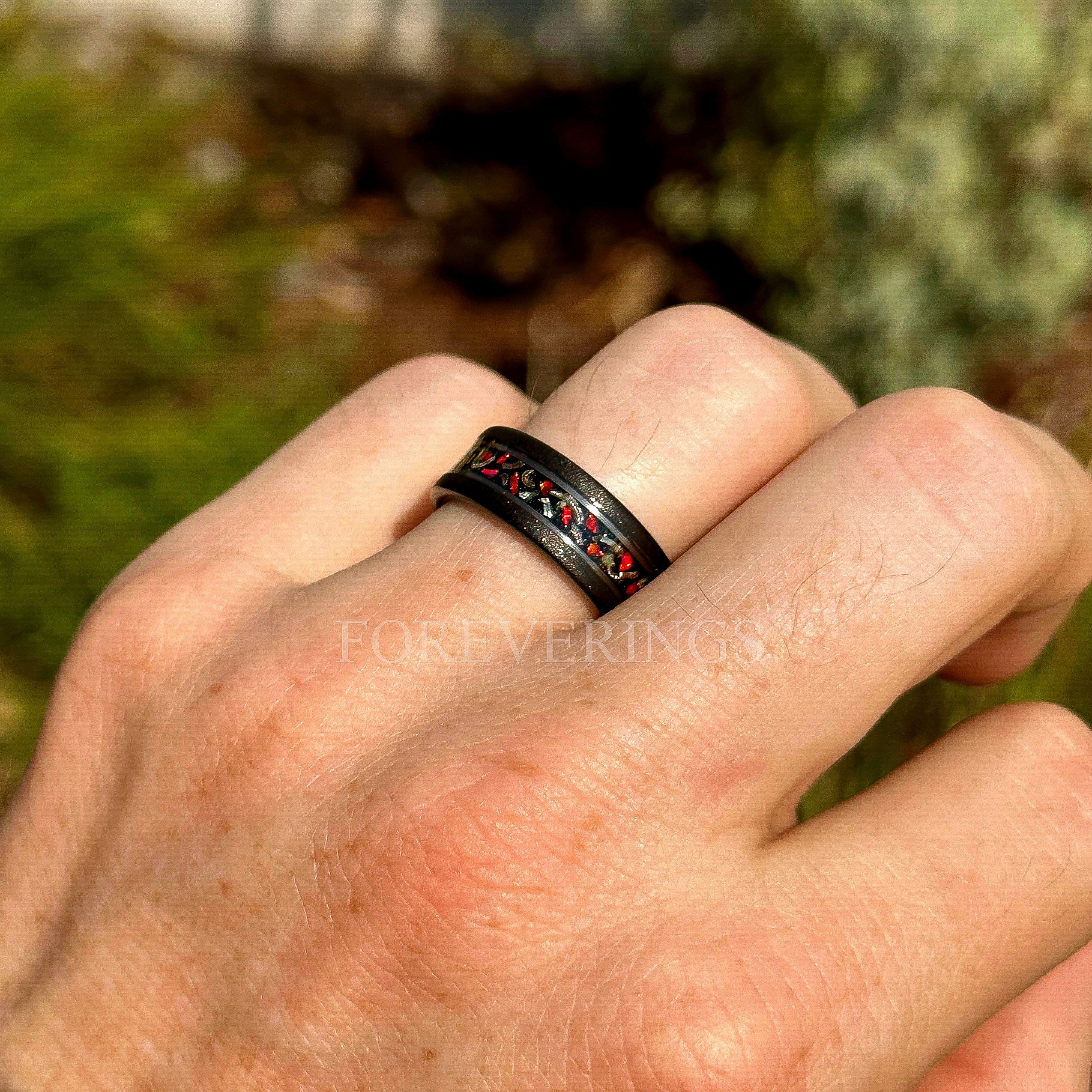 Glow Meteorite Galaxy Red Opal Ring, Man Glow in the Dark Wedding Band, 8mm Black Tungsten Ring, Sandblasted Two Tone Black and Silver Strip