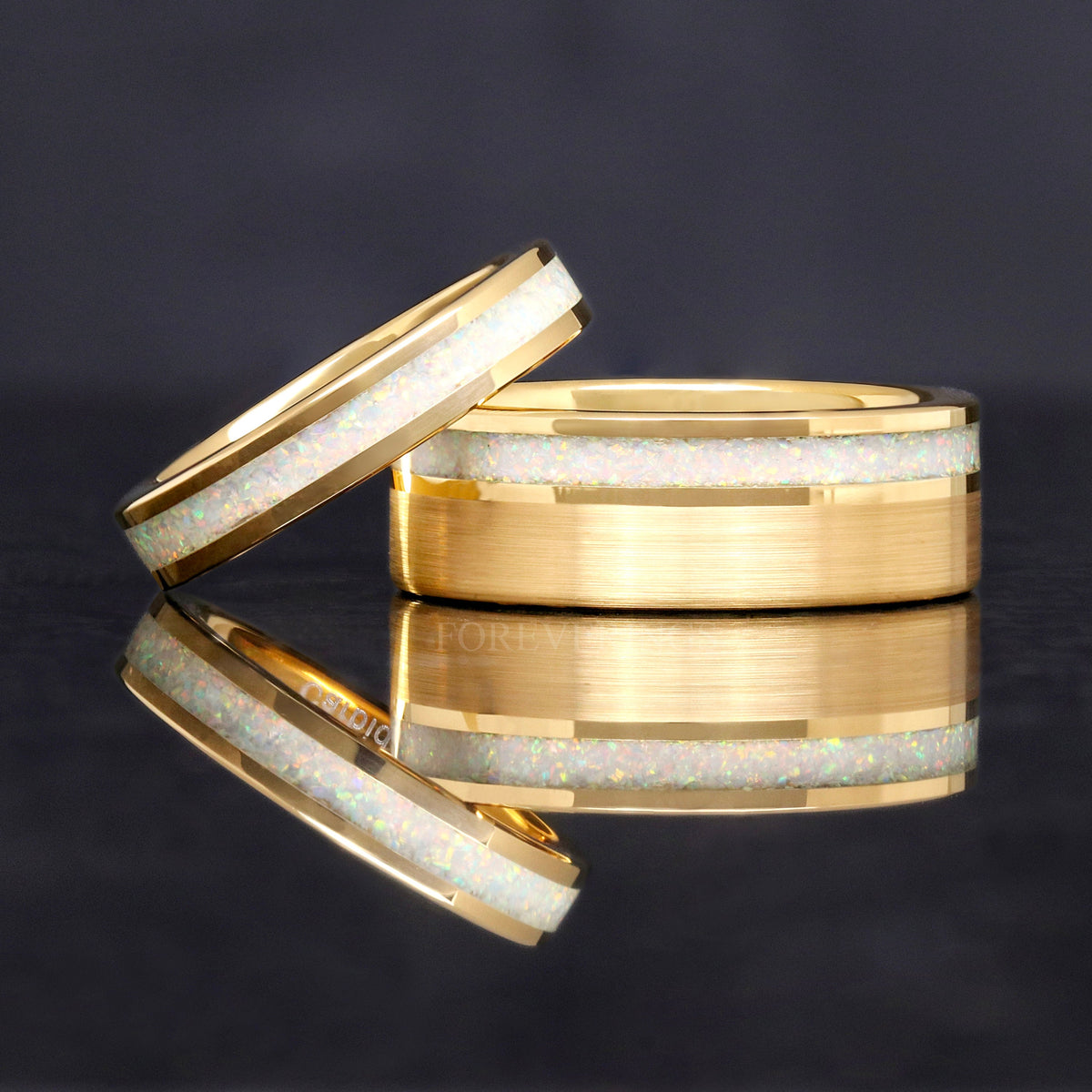 White Fire Opal Mens Ring | Gold Opal Wedding Band, 8mm Tungsten