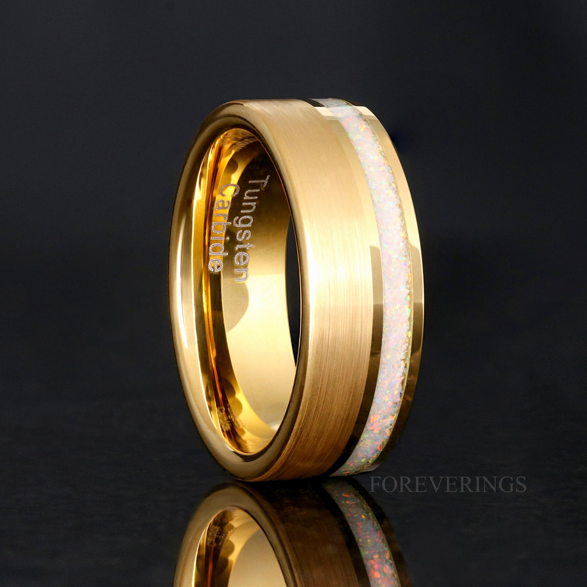 White Fire Opal Mens Ring | Gold Opal Wedding Band, 8mm Tungsten