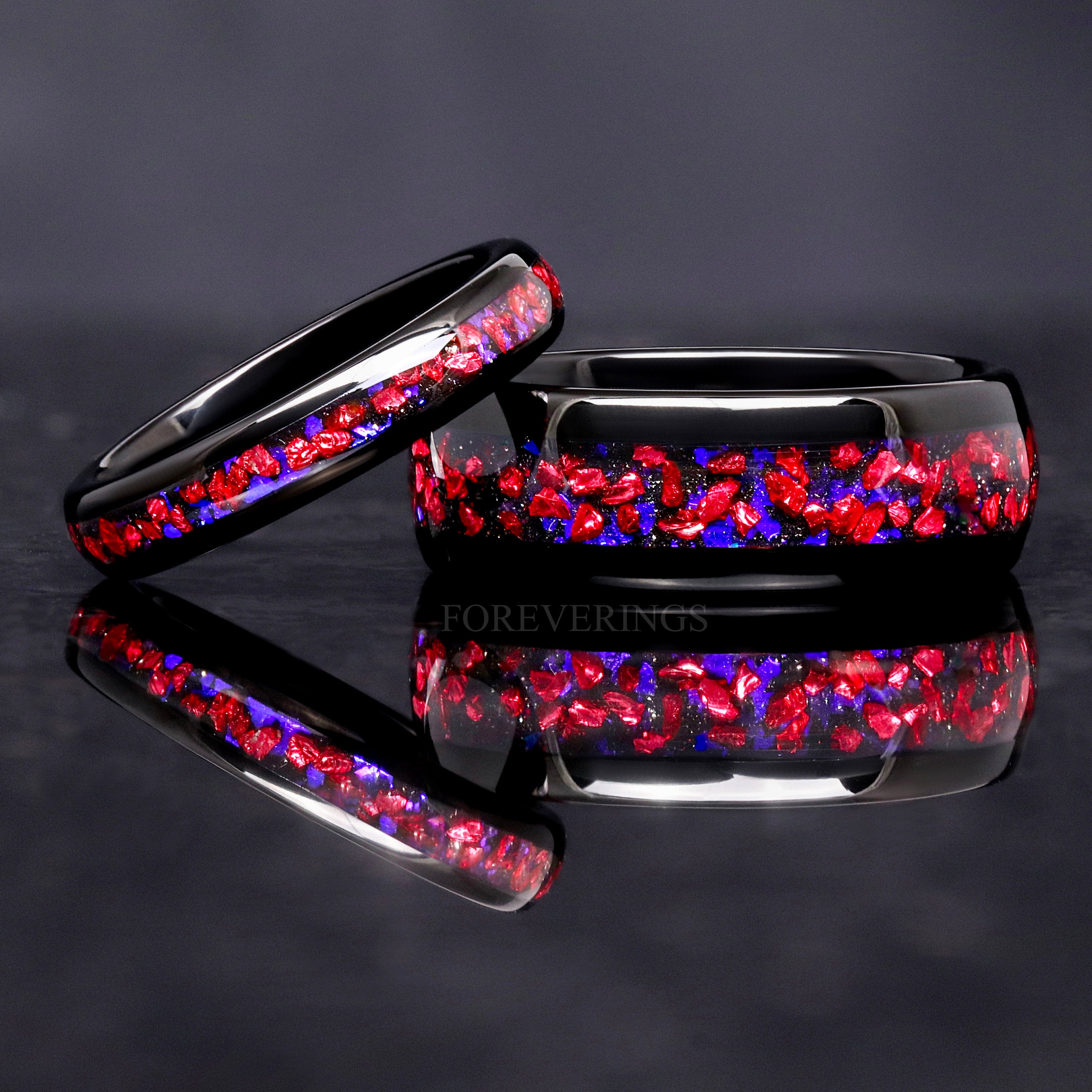 Pelican Nebula Ring, Mens Wedding Band, Space Black Tungsten Ring, Ruby Red and Blue Sandstone, Dome Polish, Red Galaxy Ring, Engraving