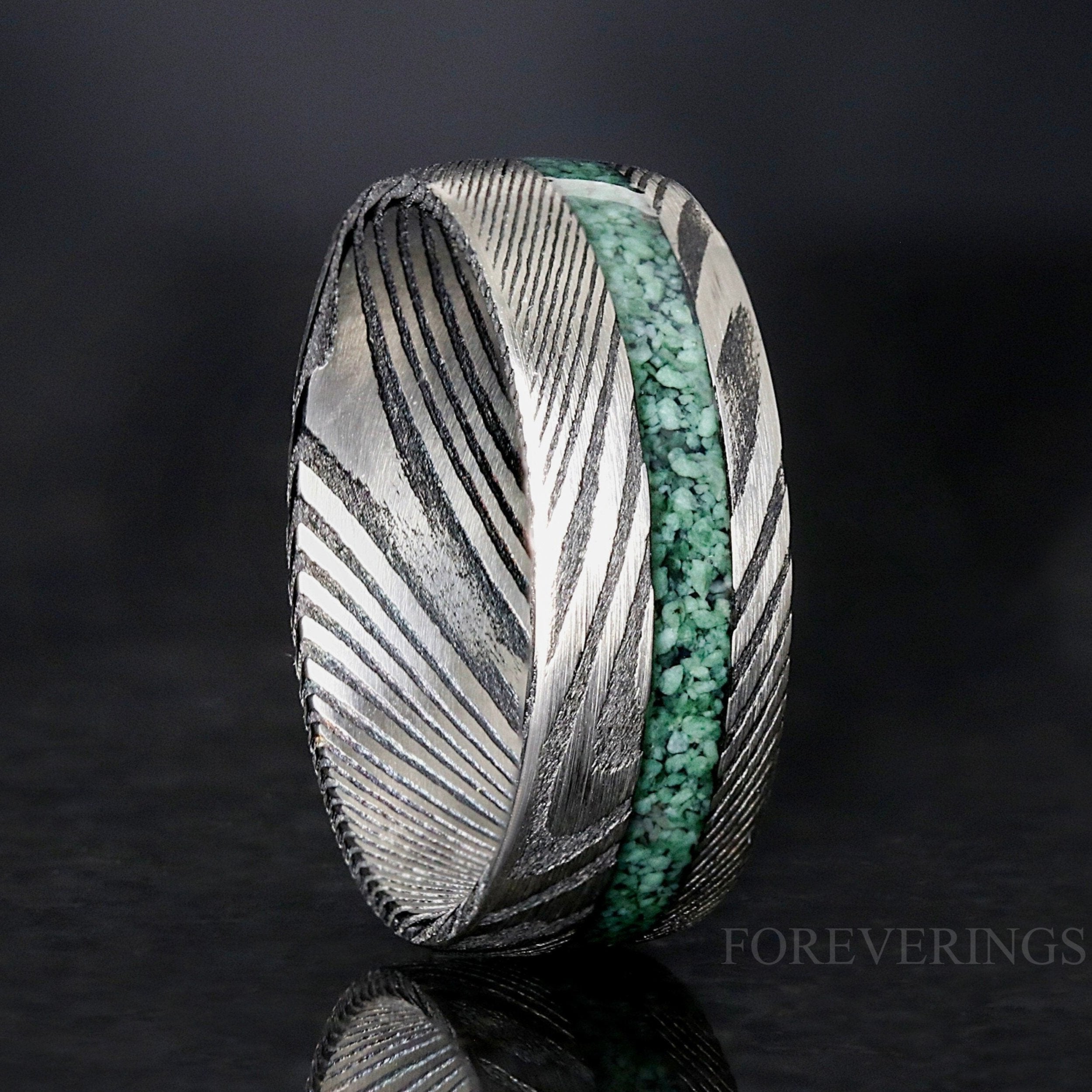 Mens Damascus Ring with Natural Green Moss Agate, Man Wedding Band, 8mm Stainless Steel Band, Nature Ring, Unique Engagement, Ring Engraving