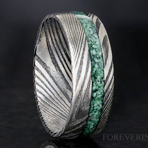 Mens Damascus Ring with Natural Green Moss Agate, Man Wedding Band, 8mm Stainless Steel Band, Nature Ring, Unique Engagement, Ring Engraving