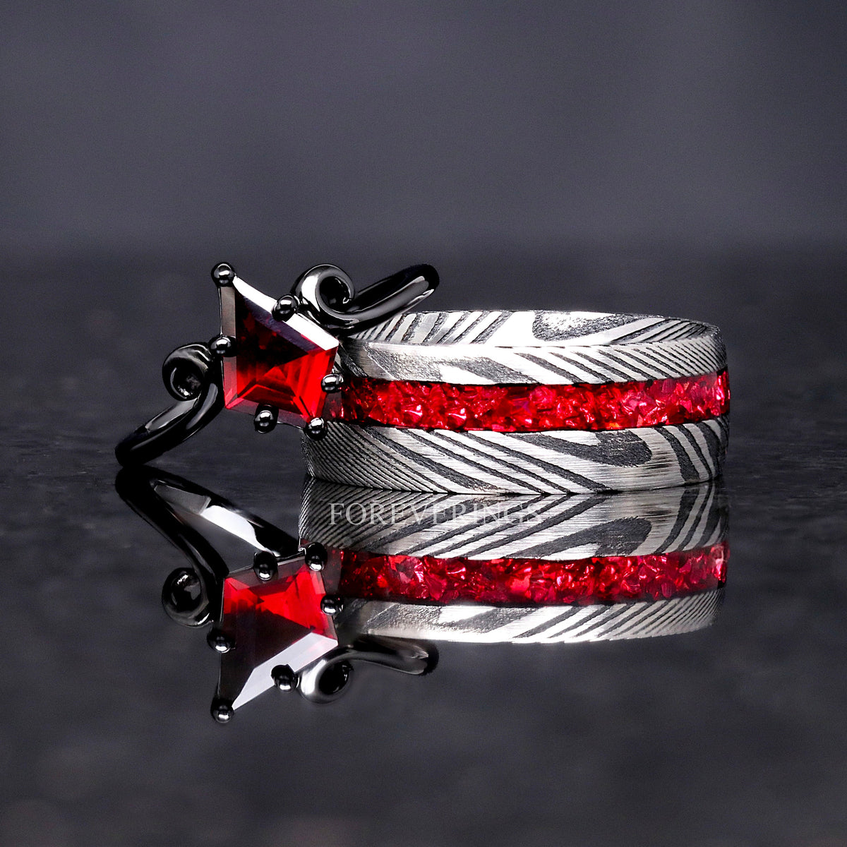 Red Damascus Ring, Mens Wedding Band, Stainless Steel Ring, Garnet Ring Men, Glass Stone, Offset, Man Promise Ring, Unique Ring, Engraving
